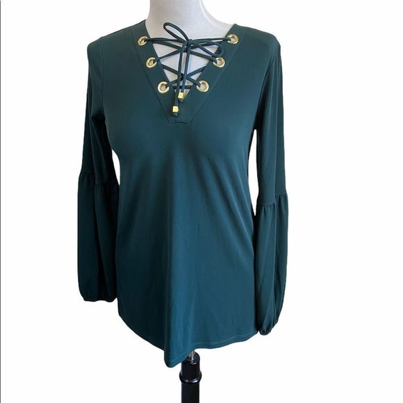 MICHAEL Michael Kors Emerald Green Grommet Lace Up Neck Long‎ Sleeve Top - Picture 1 of 9
